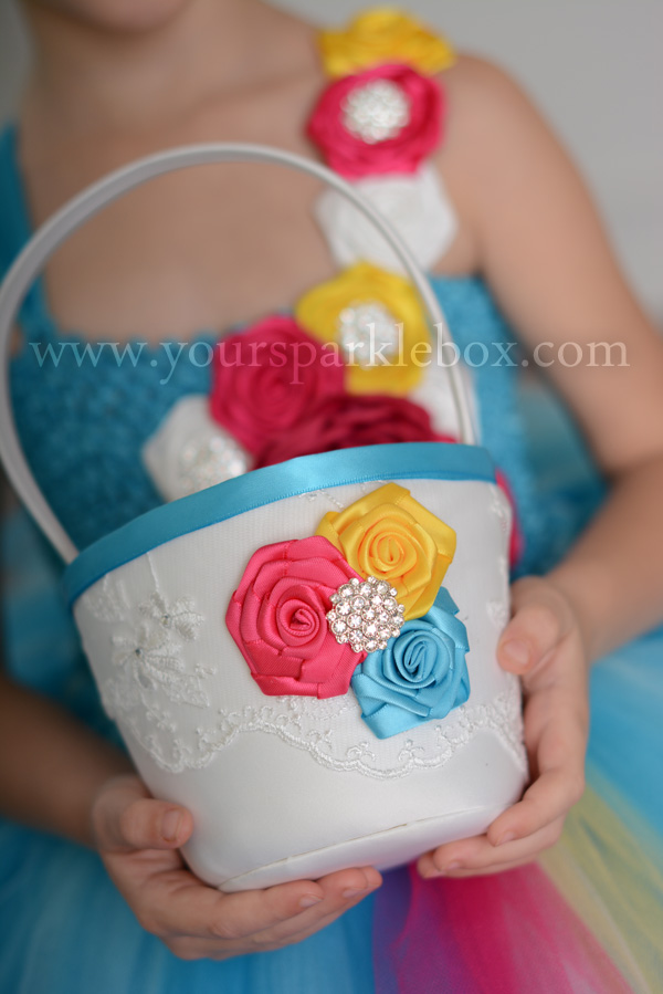 Modern Style Flower Girl Basket White, Turquoise, Cherry PInk and Sunshine Yellow