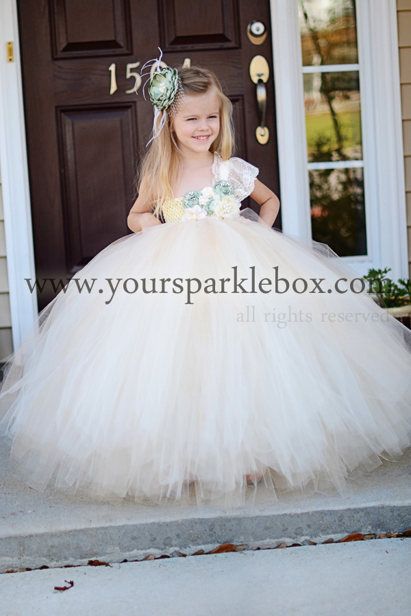 Flower Girl Tutu Dress in Sage Green and Ivory