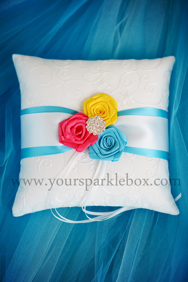 Modern Style Ring Bearer Pillow Turquoise, Cherry, PInk and Sunshine Yellow